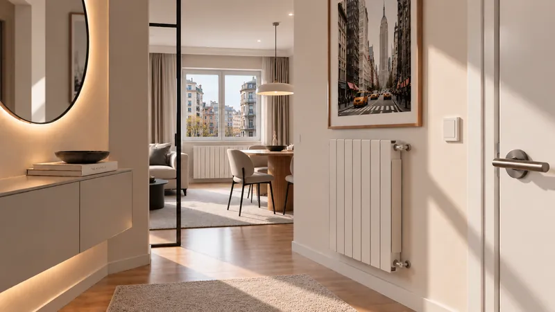Interior residencial luminoso con fotografía urbana enmarcada, imagen ilustrativa