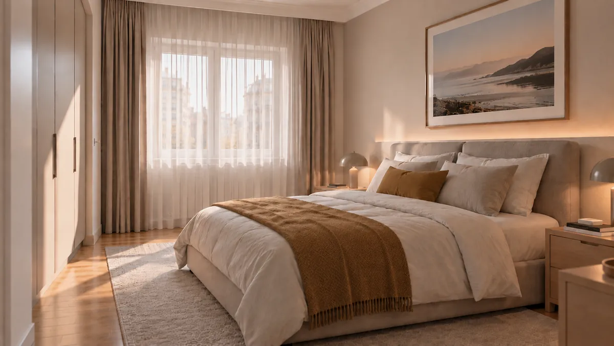 Dormitorio cálido con textiles mostaza y cortinas blancas, imagen ilustrativa