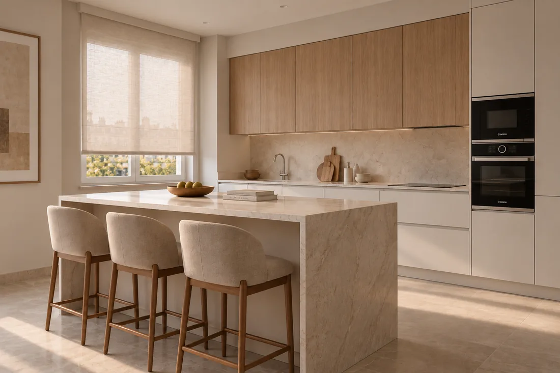 Cocina contemporánea con isla, madera y superficies de piedra.