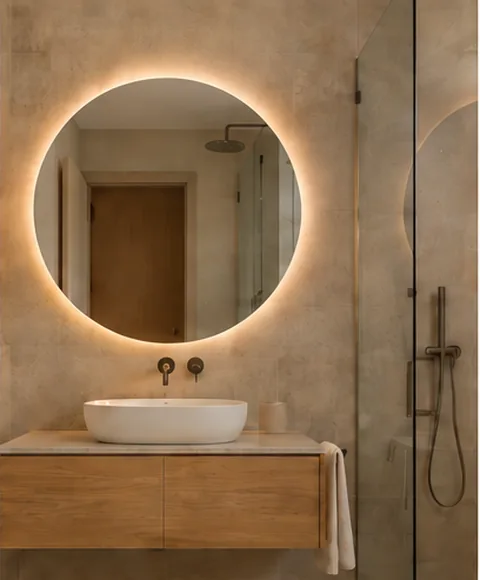 Baño contemporáneo con lavabo sobre encimera y espejo circular, imagen ilustrativa