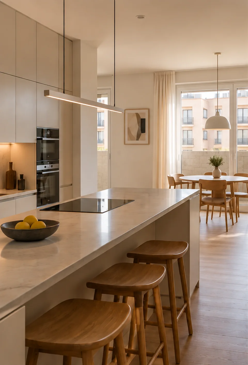 Cocina de piso reformada, con carpintería blanca y balcón de piedra, imagen ilustrativa