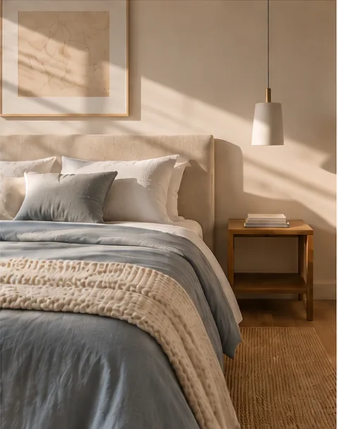 Dormitorio de estilo contemporáneo con ropa de cama azul grisáceo, imagen ilustrativa