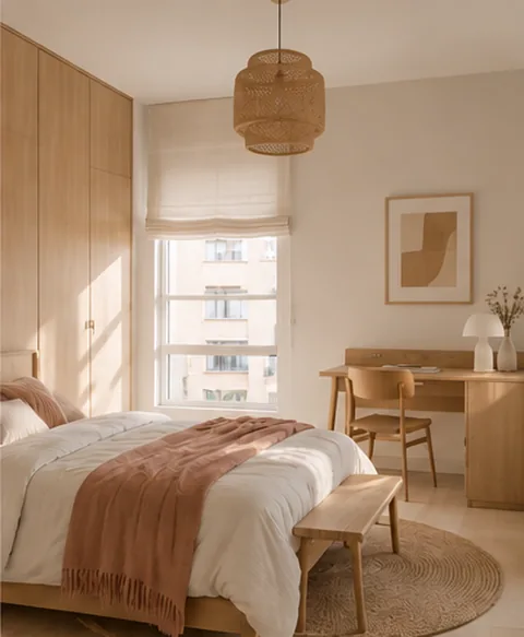 Dormitorio nórdico con mobiliario de madera clara, imagen ilustrativa