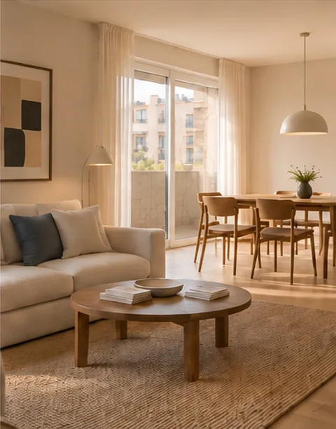 Salón comedor luminoso con balcón de piedra, imagen ilustrativa