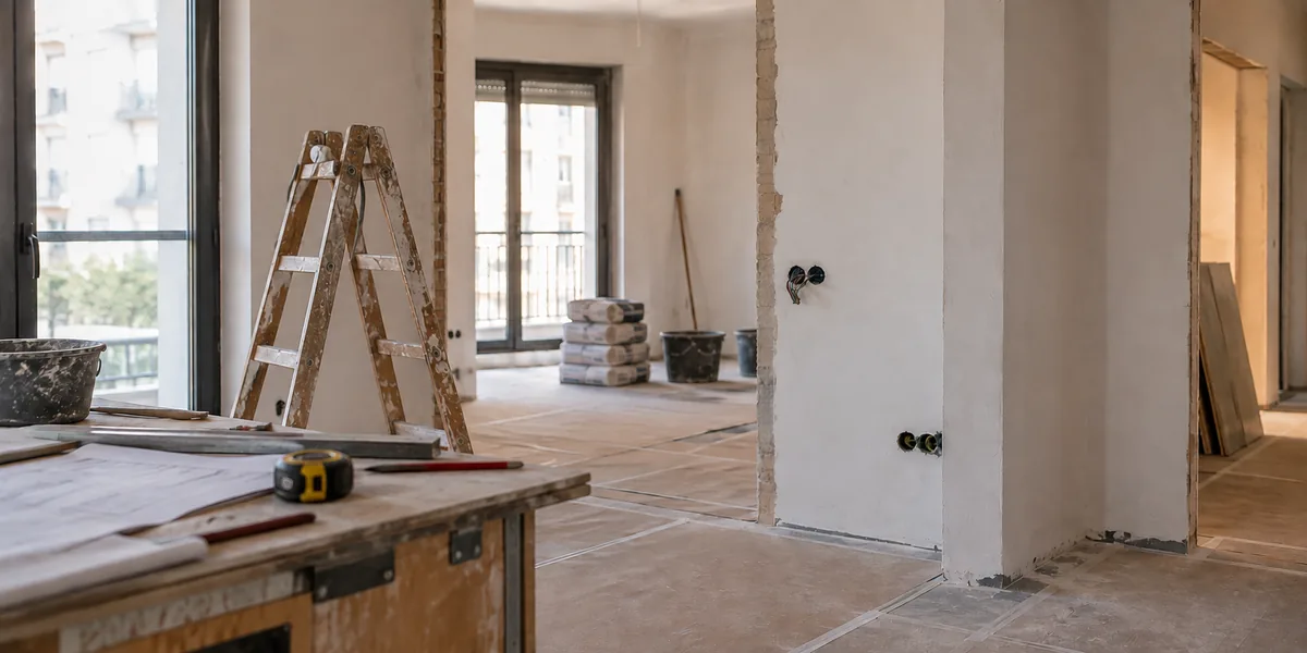 Interior de vivienda durante una reforma, con materiales y herramientas