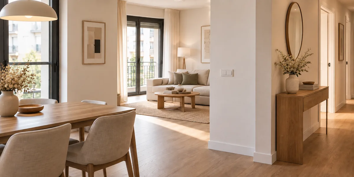 Interior ilustrativo de vivienda terminada con luz natural y flores