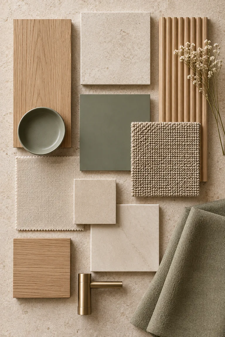 Selección ilustrativa de materiales: madera clara, piedra beige, tejidos naturales y verde salvia