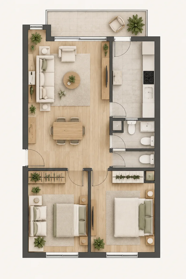 Plano ilustrativo de distribución de una vivienda; no corresponde a un proyecto real de RAEGON