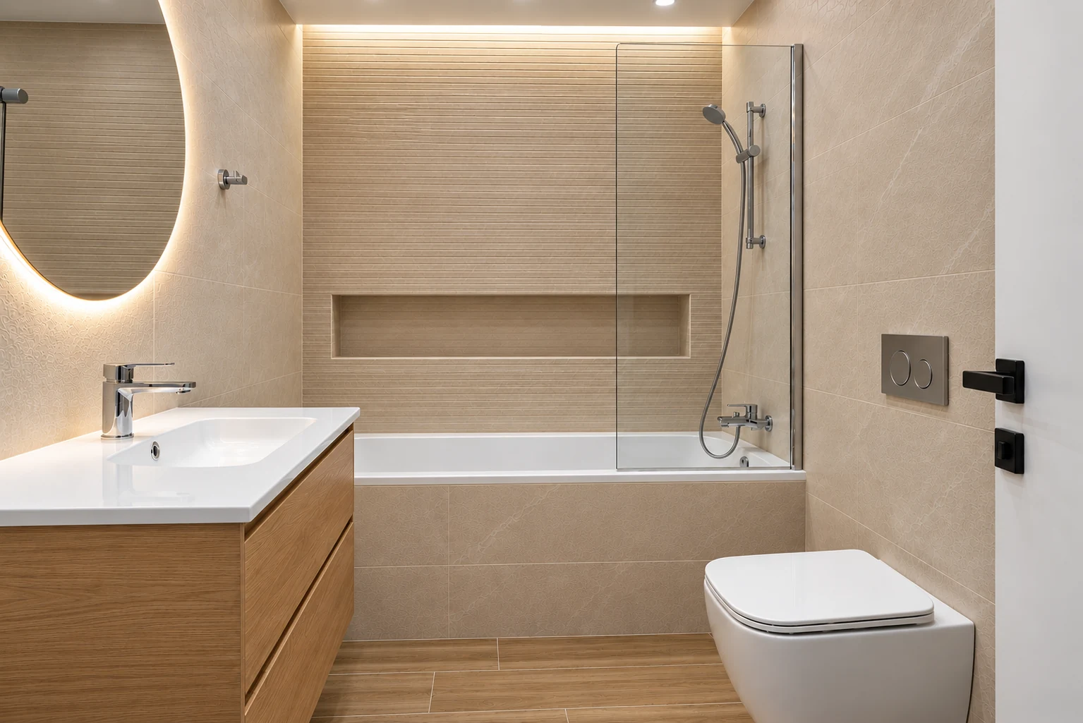 Baño beige con bañera y mampara de vidrio; imagen adaptada para inspiración