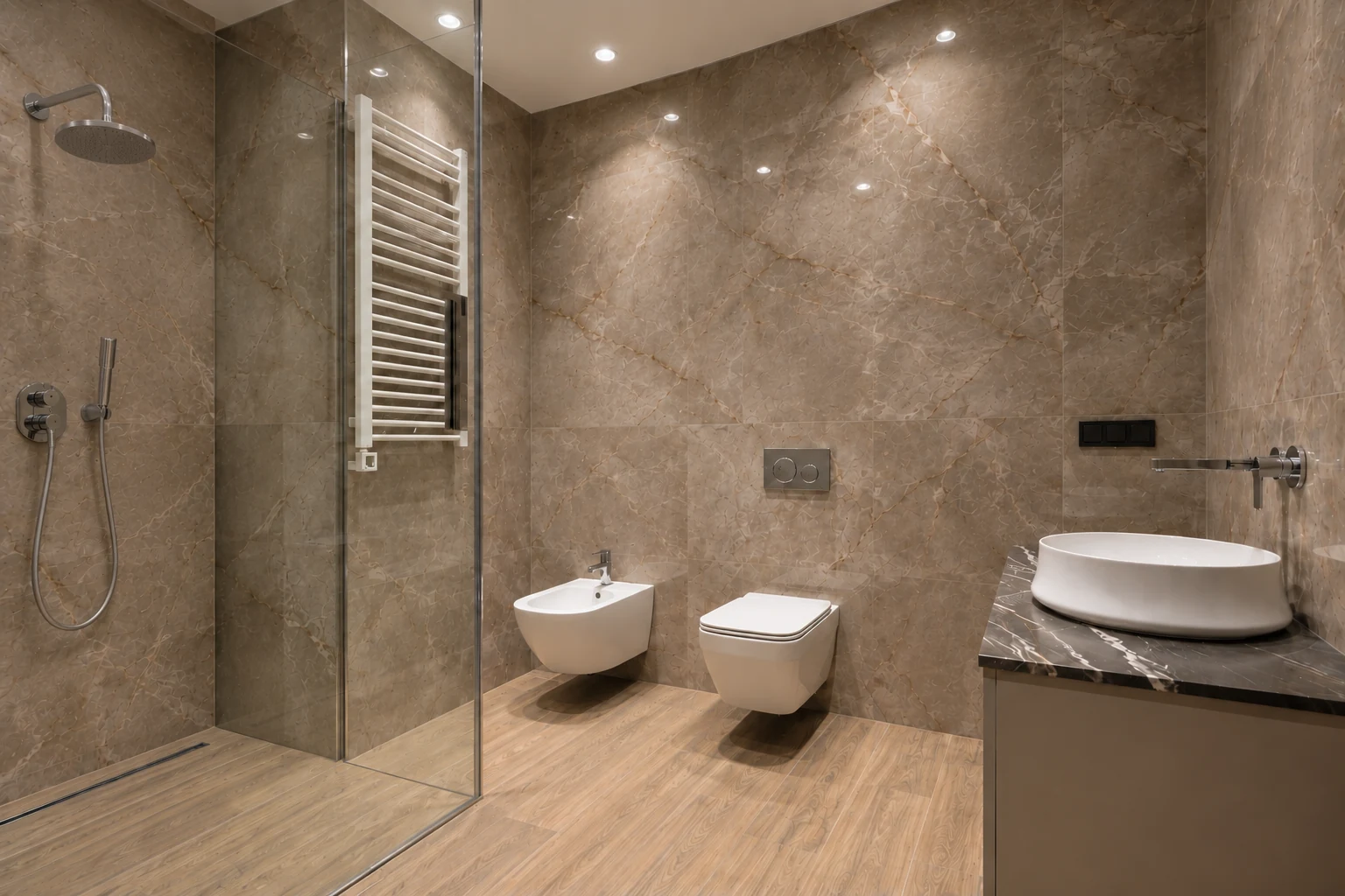 Baño de revestimiento marmoleado marrón con ducha y lavabo; imagen adaptada para inspiración