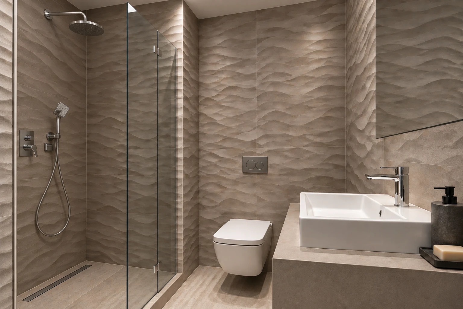 Baño con revestimiento ondulado y ducha acristalada; imagen adaptada para inspiración