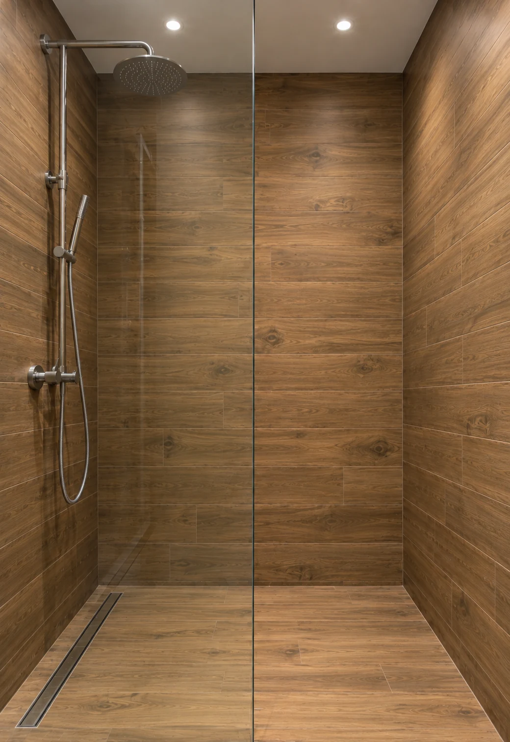 Ducha a ras de suelo con revestimiento efecto madera; imagen adaptada para inspiración