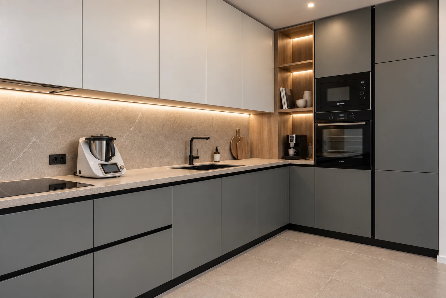 Cocina con muebles en tonos gris verdoso y encimera clara; imagen adaptada para inspiración