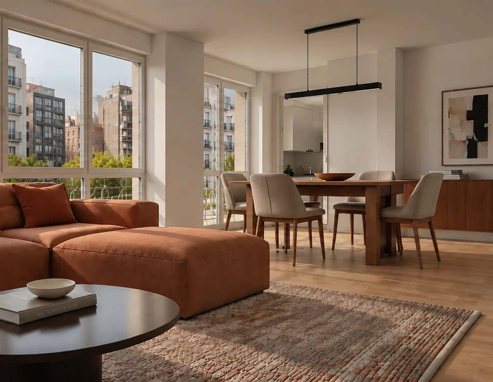 Salón contemporáneo con sofá terracota y comedor