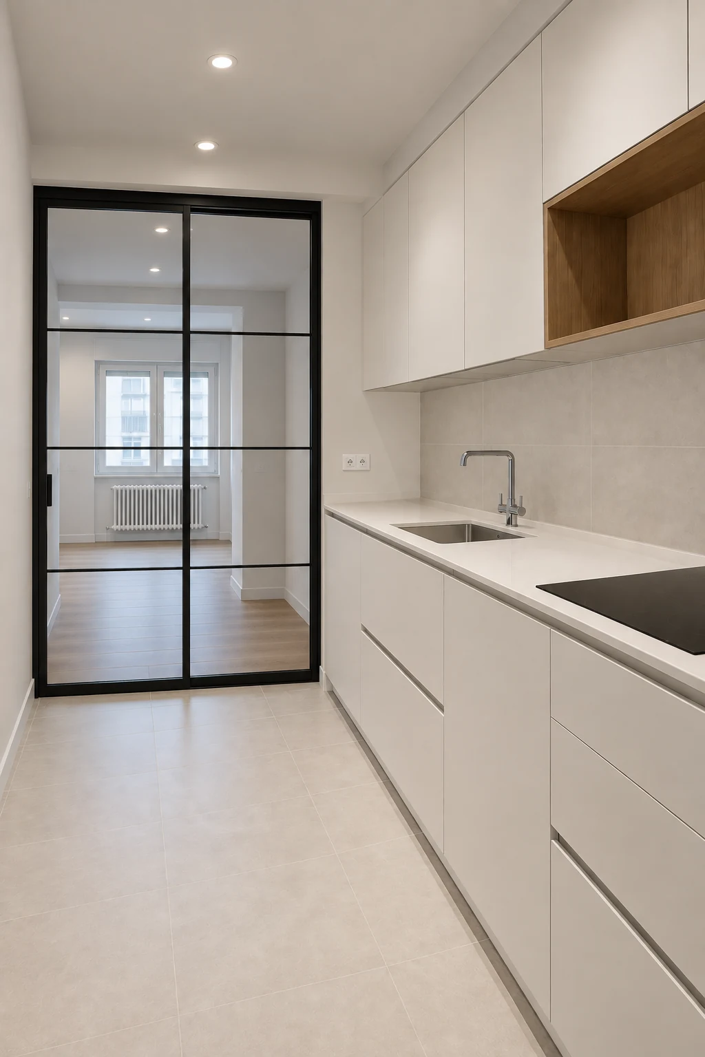 Cocina blanca con cerramiento corredero de vidrio; imagen adaptada para inspiración