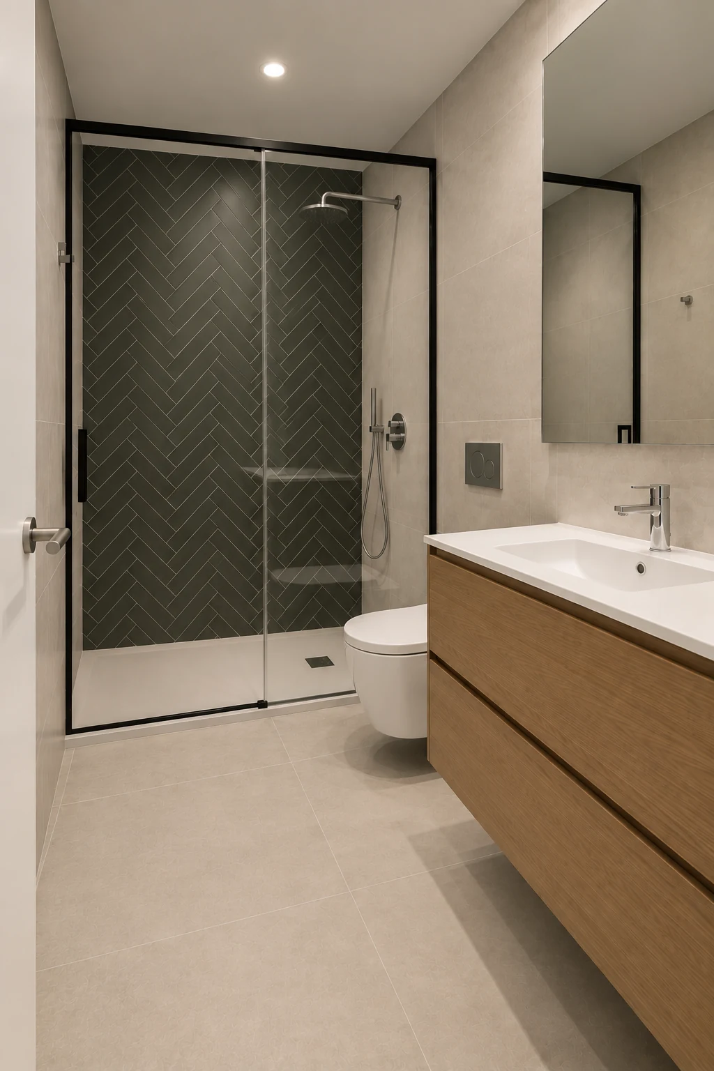 Baño con ducha de azulejo oscuro en espiga; imagen adaptada para inspiración