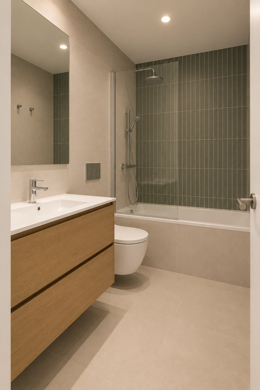 Baño con bañera y revestimiento verde; imagen adaptada para inspiración
