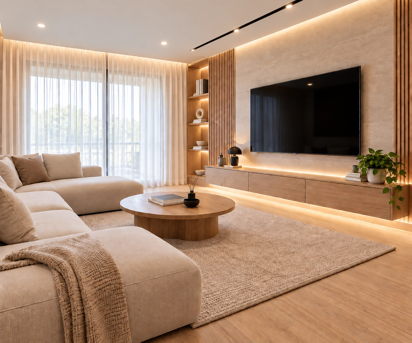 Imagen ilustrativa de un salón contemporáneo con madera, luz natural y tonos cálidos