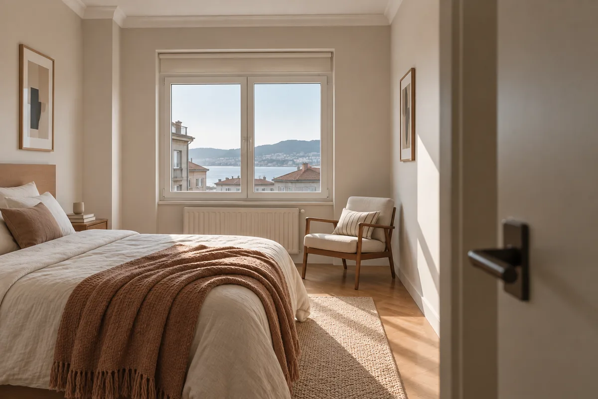 Imagen ilustrativa generada con IA de un dormitorio reformado, con carpintería blanca y vistas a una ría gallega