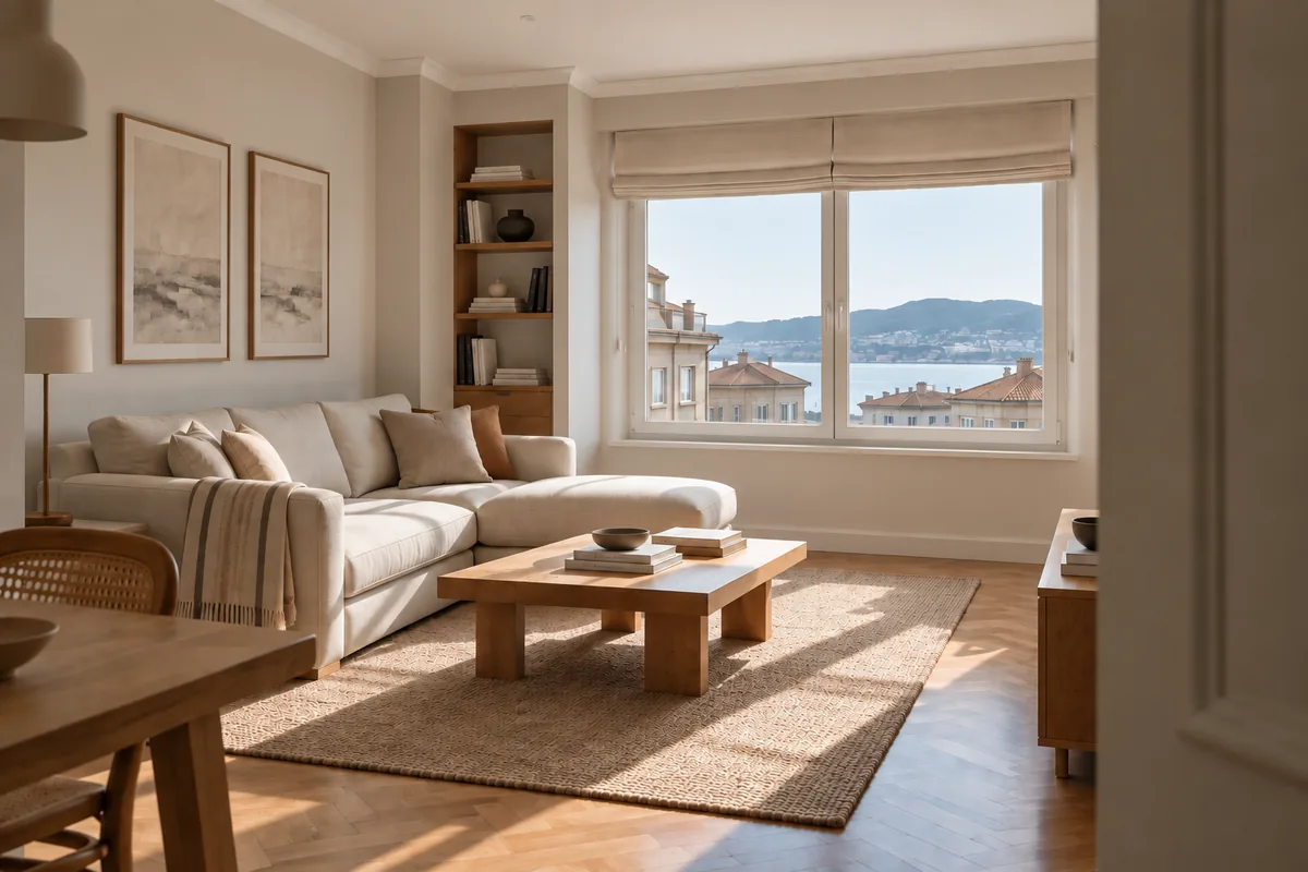 Imagen ilustrativa generada con IA de un salón reformado, con luz natural y vistas a una ría gallega